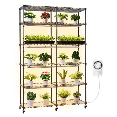 Plant Shelf with Grow Light, 6-Tier Double-Row Plant Stand, 180cm Tall Indoor Plants Display Rack with Wheels & Timer, 200W Full Spectrum Grow Lights, Metal Flower Pot Holder for Seed Starting