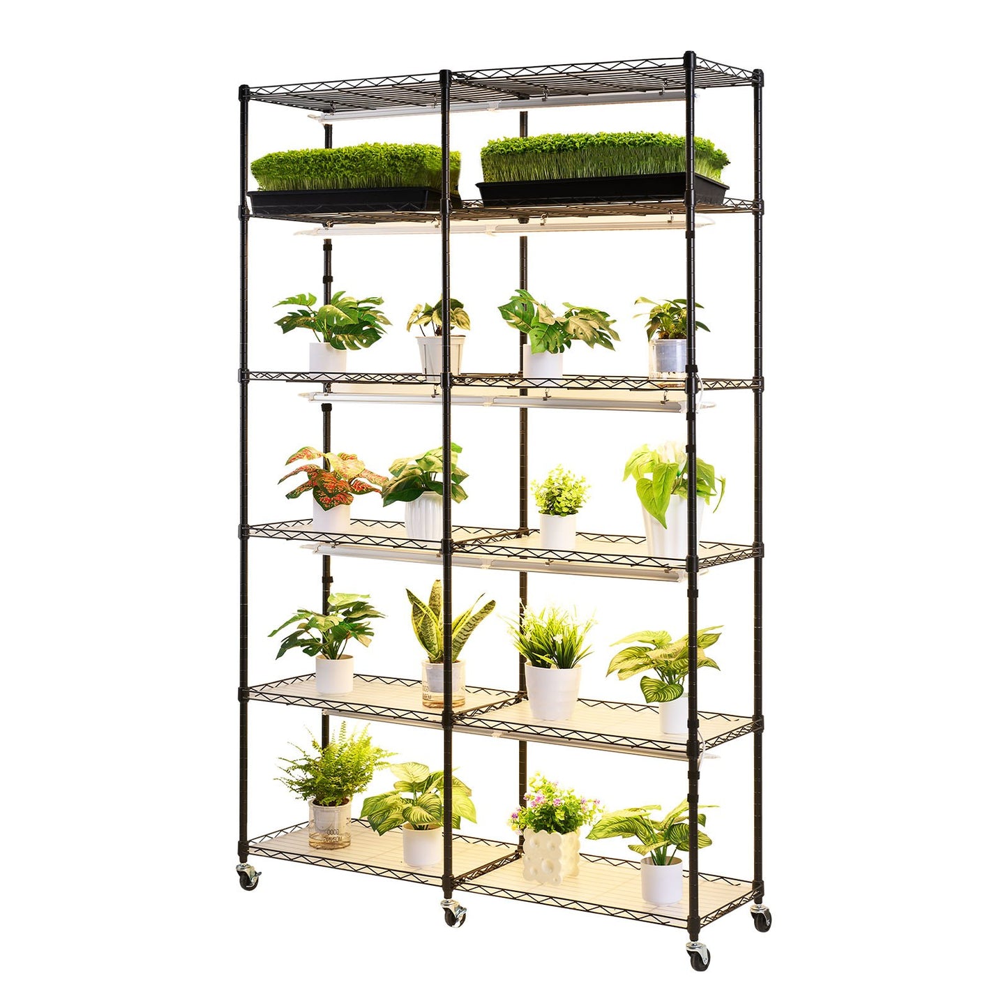 Plant Shelf with Grow Light, 6-Tier Double-Row Plant Stand, 180cm Tall Indoor Plants Display Rack with Wheels & Timer, 200W Full Spectrum Grow Lights, Metal Flower Pot Holder for Seed Starting
