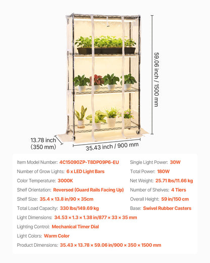 Indoor Greenhouse with Grow Light, 150cm Tall 4-Tier Plant Stand with Clear Cover, Timer & Hygrometer, 180W Full Spectrum Grow Lights, Metal Lighted Plants Shelf Holder for Indoor Plants