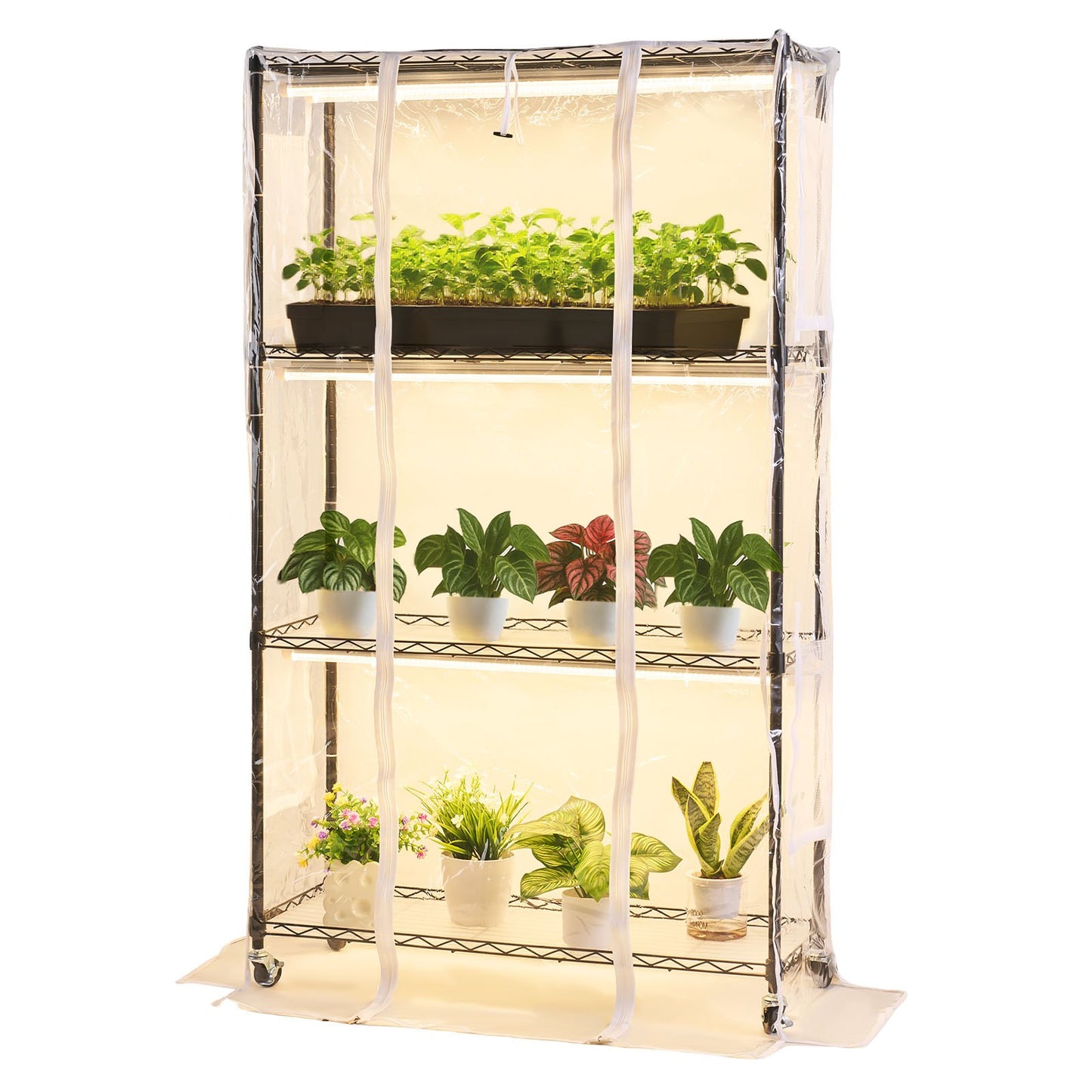 Indoor Greenhouse with Grow Light, 150cm Tall 4-Tier Plant Stand with Clear Cover, Timer & Hygrometer, 180W Full Spectrum Grow Lights, Metal Lighted Plants Shelf Holder for Indoor Plants