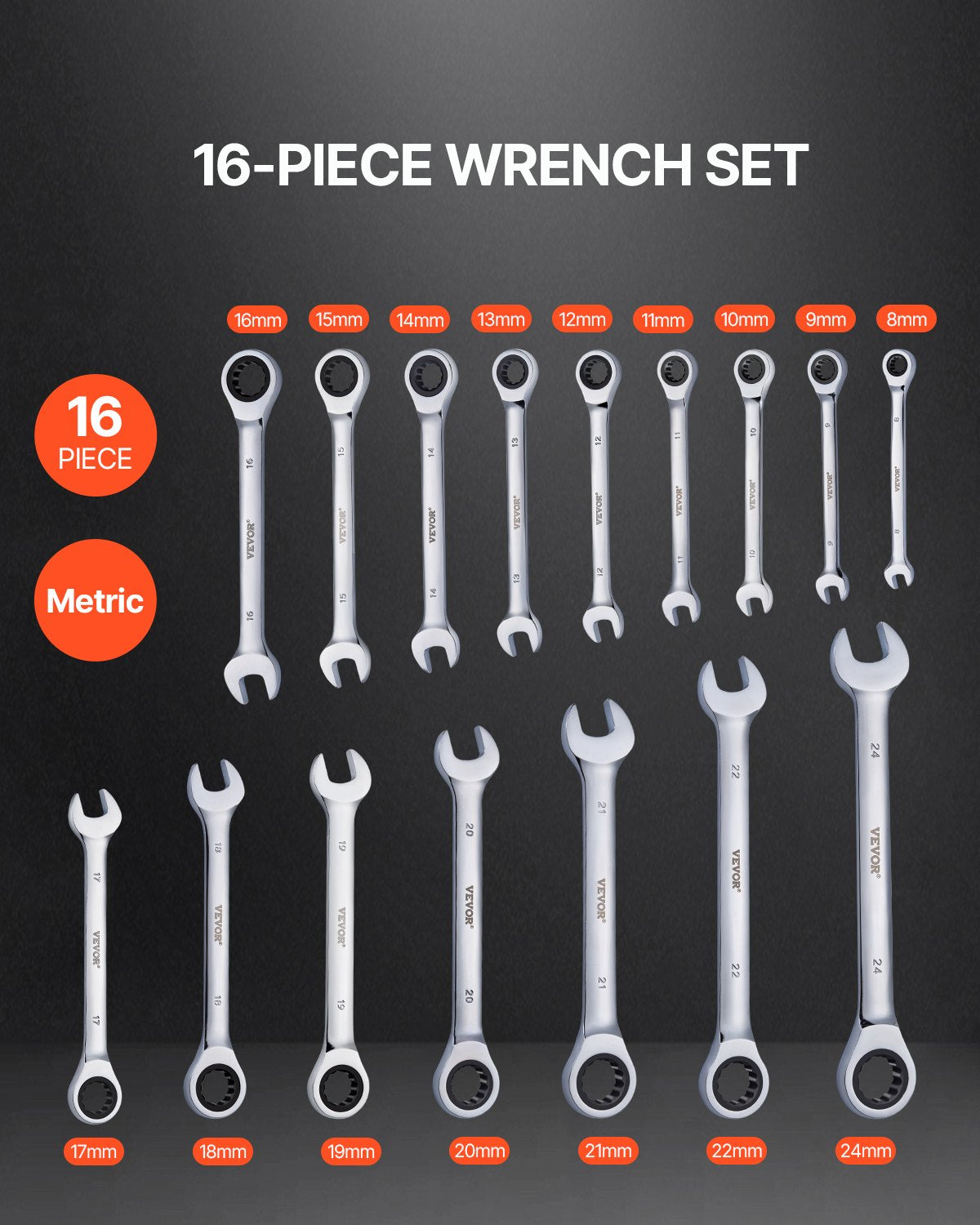 Combination Wrench Set, 16-Piece Ratcheting Wrench Set with Organizer Rack, Cr-V Steel Wrench Set Metric 8 mm to 24 mm, Ideal for General Household, Garage, Workshop, Auto Repairs, Emergency