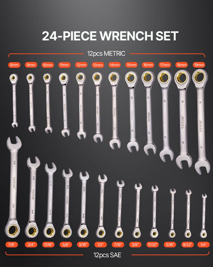 Combination Wrench Set, 24-Piece Ratcheting Wrench Set with Organizer Rack, Cr-V Steel Wrench Set SAE 1/4" to 7/8", Metric 8 mm to 19 mm, Ideal for General Household, Auto Repairs, Emergency