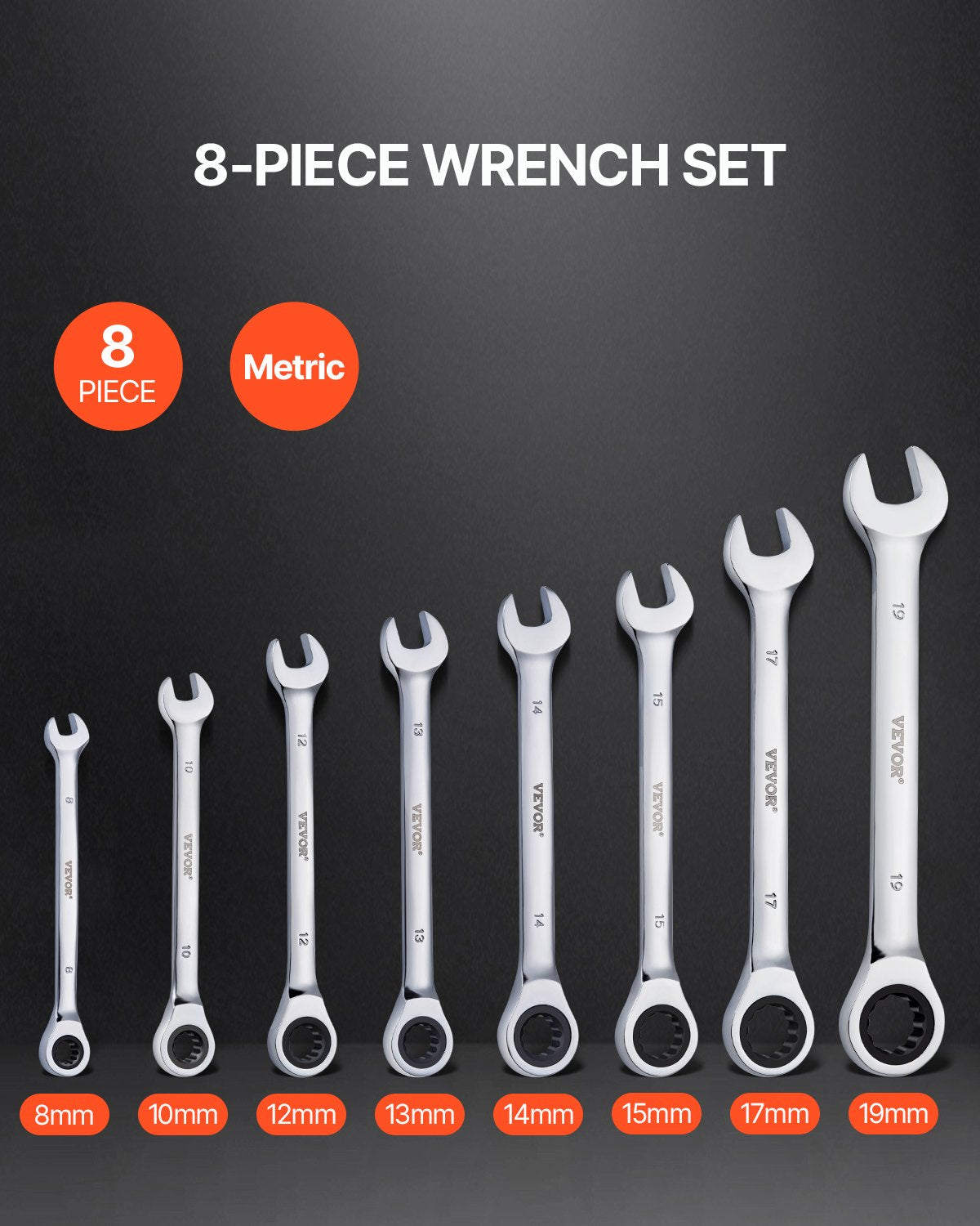 Combination Wrench Set, 8-Piece Ratcheting Wrench Set with Organizer Rack, Cr-V Steel Wrench Set Metric 8 mm to 19 mm, Ideal for General Household, Garage, Workshop, Auto Repairs, Emergency
