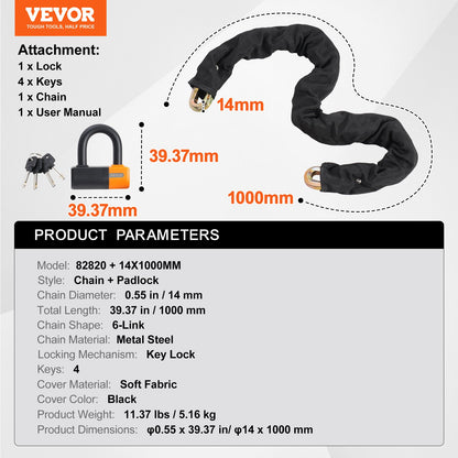 Bike Chain Lock, 3.28 Ft Bicycle Chain Lock with 4 Keys, Heavy Duty Metal Steel Anti-Theft High Security Bike Locks, Perfect for Bike, Motorcycle, Scooter, Bicycle, Door, Fence or Gate, 14mm