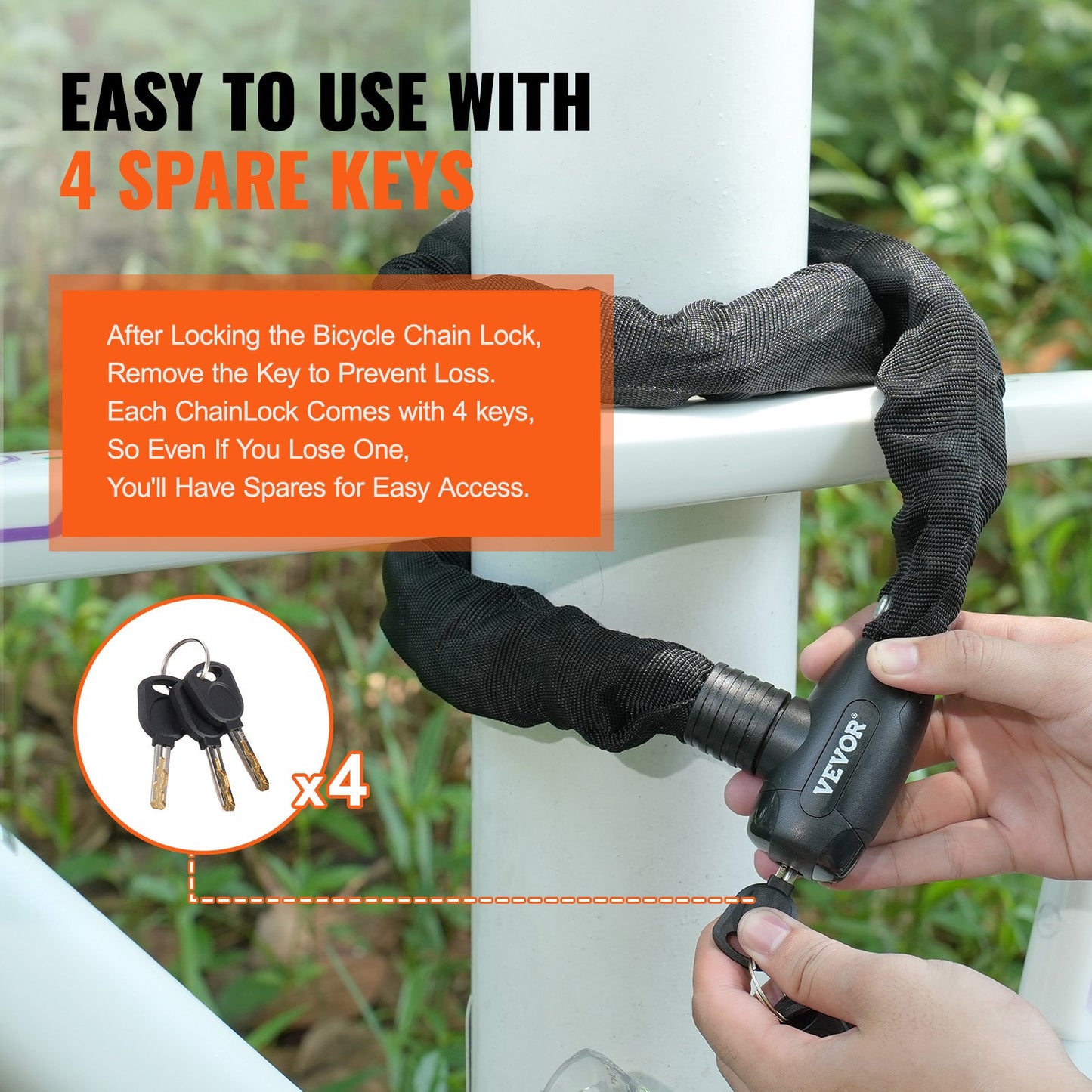 Bike Chain Lock, 3.94 Ft Combination Bicycle Chain Lock with 4 Keys, Heavy Duty Anti-Theft High Security Bike Locks, Perfect for Bike, Motorcycle, Scooter, Bicycle, Door, Fence or Gate, 8mm