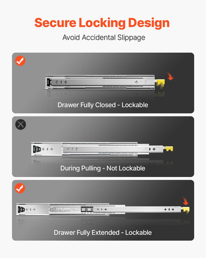 1 Pair Full Extension Drawer Slides 16 18 20 24 30 35 37.4 59 24 32 36 40 48 60 in, 250 lbs Load Capacity Locking Drawer Slides, Ball Bearing with Lock Side Mount Drawer Slide Rail