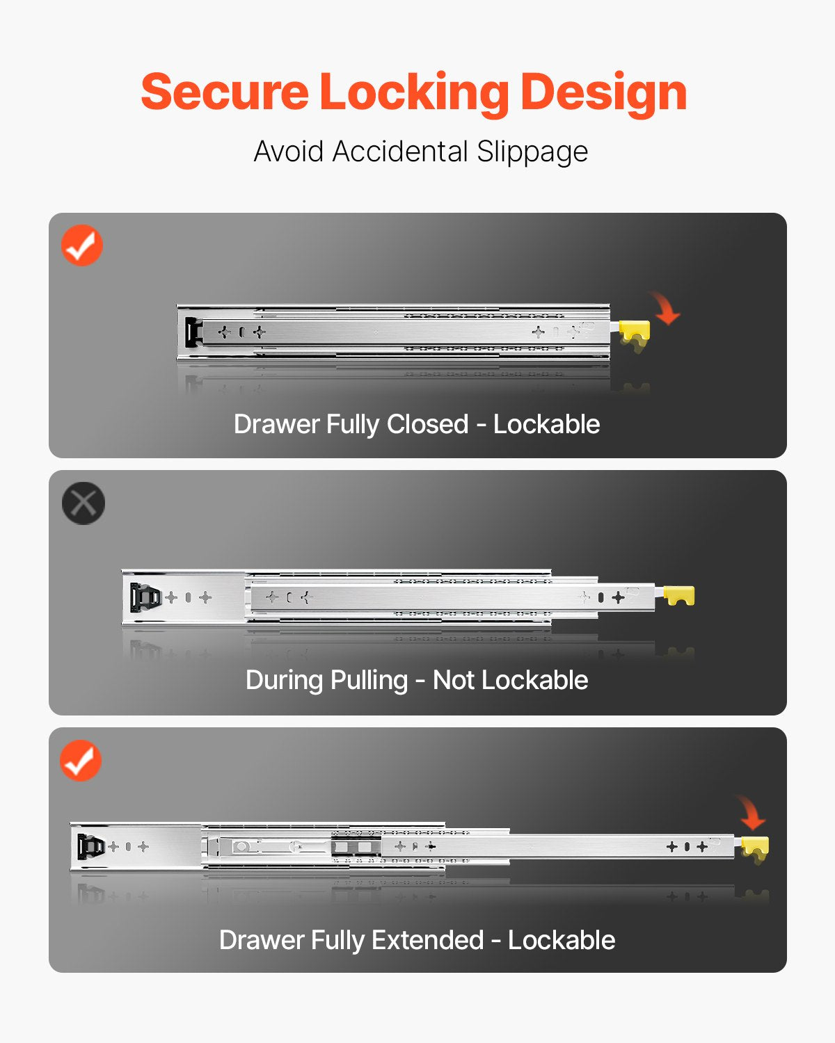 1 Pair Full Extension Drawer Slides 16 18 20 24 30 35 37.4 59 24 32 36 40 48 60 in, 250 lbs Load Capacity Locking Drawer Slides, Ball Bearing with Lock Side Mount Drawer Slide Rail