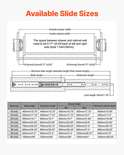 1 Pair Full Extension Drawer Slides 16 18 20 24 30 35 37.4 59 24 32 36 40 48 60 in, 250 lbs Load Capacity Locking Drawer Slides, Ball Bearing with Lock Side Mount Drawer Slide Rail