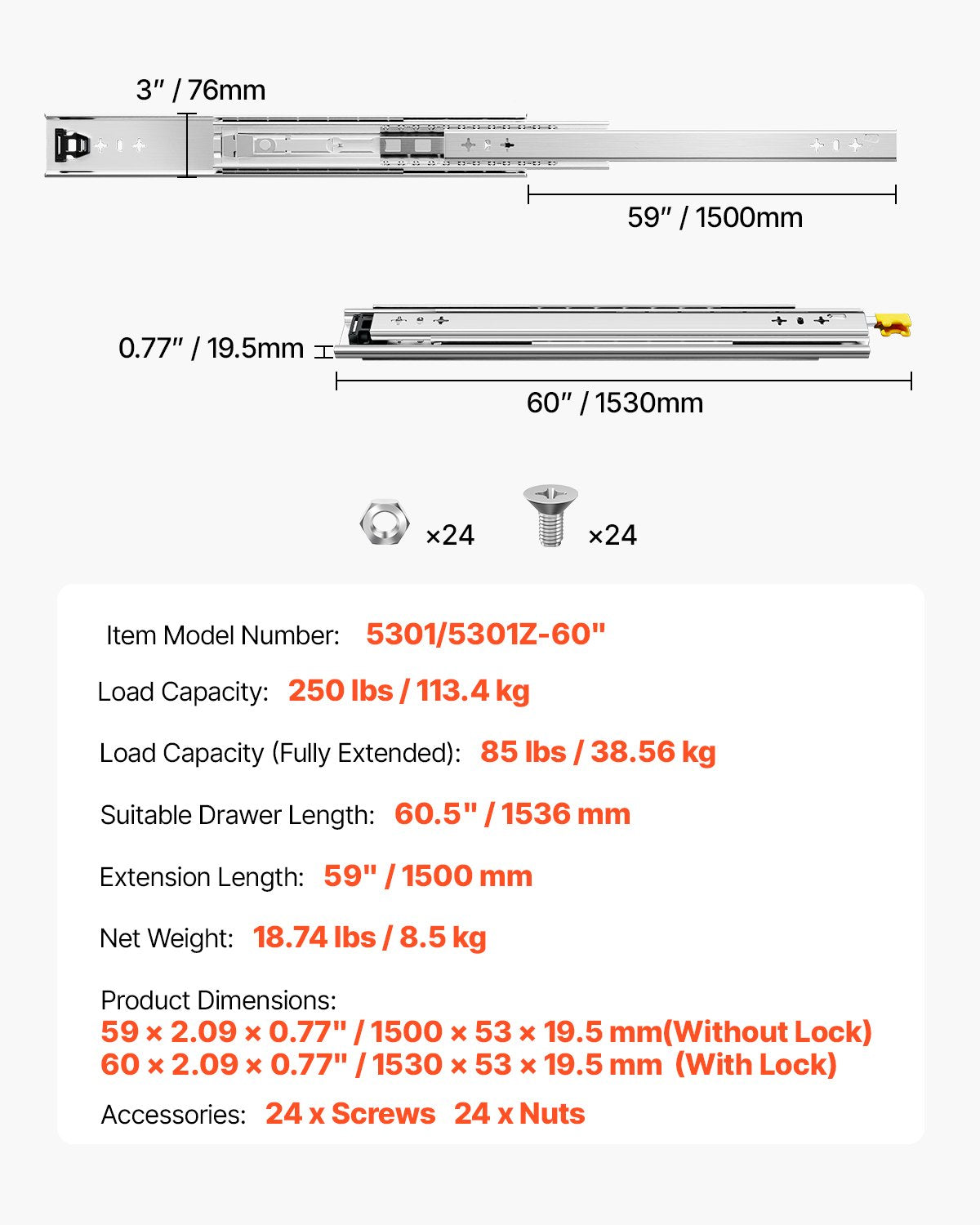 1 Pair Full Extension Drawer Slides 16 18 20 24 30 35 37.4 59 24 32 36 40 48 60 in, 250 lbs Load Capacity Locking Drawer Slides, Ball Bearing with Lock Side Mount Drawer Slide Rail