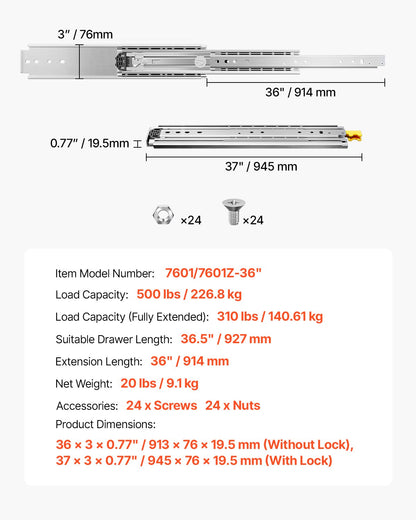 1 Pair Full Extension Drawer Slides 16 18 20 24 30 35 37.4 59 24 32 36 40 48 60 in, 500 lbs Load Capacity Locking Drawer Slides, Ball Bearing with Lock Side Mount Drawer Slide Rail