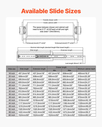 1 Pair Full Extension Drawer Slides 18 20 22 28 30 32 36 38 40 44 48 52 56 60 in, 500 lbs Load Capacity Locking Drawer Slides, Ball Bearing with Lock Side Mount Drawer Slide Rail