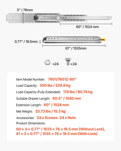 1 Pair Full Extension Drawer Slides 16 18 20 24 30 35 37.4 59 24 32 36 40 48 60 in, 500 lbs Load Capacity Locking Drawer Slides, Ball Bearing with Lock Side Mount Drawer Slide Rail