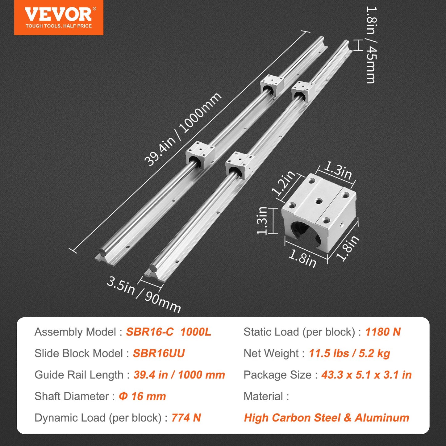 Linear Guide Rail Set, 2 PCS 39.4 in/1000 mm SBR16 Guide Rails and 4 PCS SBR16UU Slide Blocks, SBR16 1000mm, Linear Rails and Bearings Kit for Automated Machines DIY Project CNC Router Machines