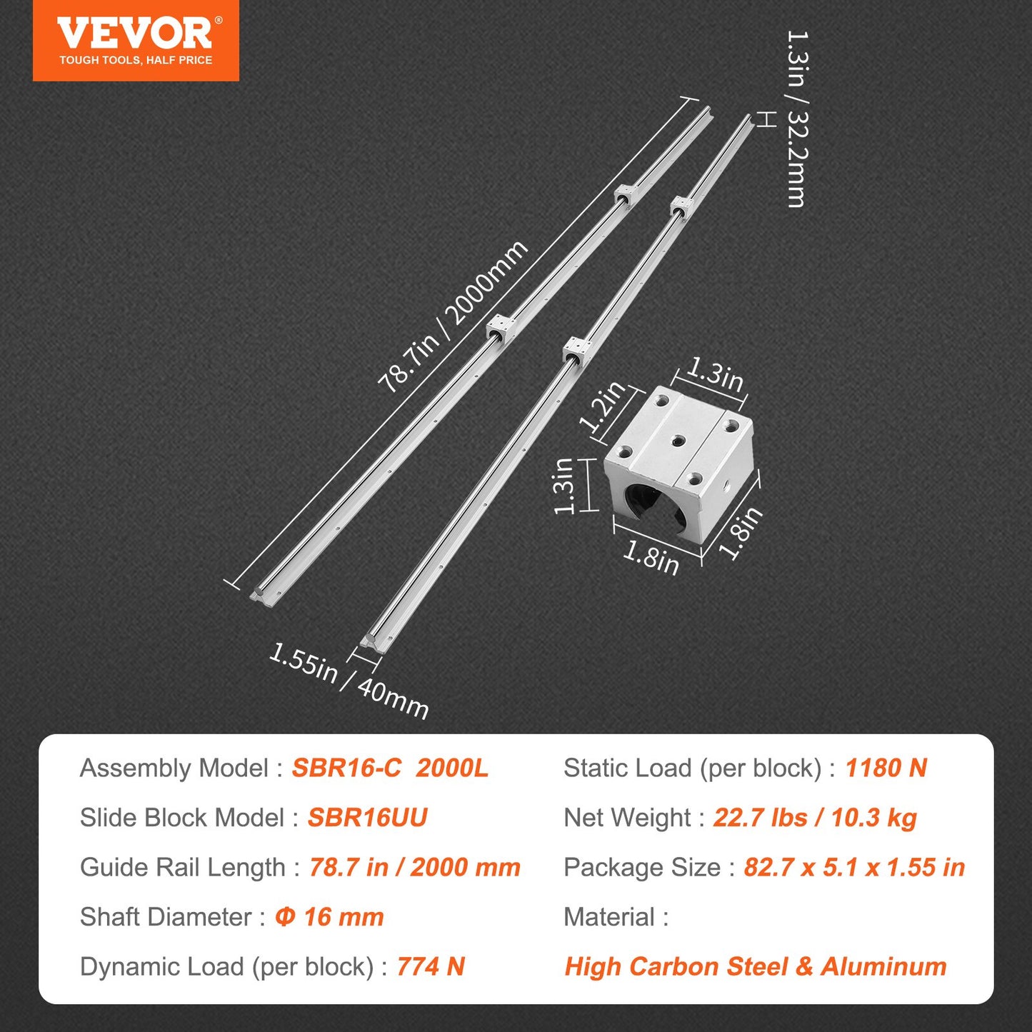 Linear Guide Rail Set, SBR16 2000mm, 2 PCS 78.7 in/2000 mm SBR16 Guide Rails and 4 PCS SBR16UU Slide Blocks, Linear Rails and Bearings Kit for Automated Machines DIY Project CNC Router Machines