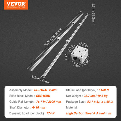 Linear Guide Rail Set, SBR16 2000mm, 2 PCS 78.7 in/2000 mm SBR16 Guide Rails and 4 PCS SBR16UU Slide Blocks, Linear Rails and Bearings Kit for Automated Machines DIY Project CNC Router Machines