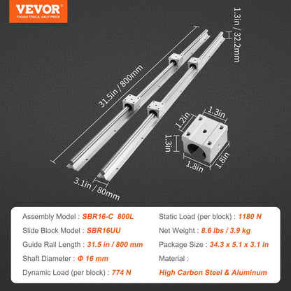 Linear Guide Rail Set, SBR16 800mm, 2 PCS 31.5 in/800 mm SBR16 Guide Rails and 4 PCS SBR16UU Slide Blocks, Linear Rails and Bearings Kit for Automated Machines DIY Project CNC Router Machines