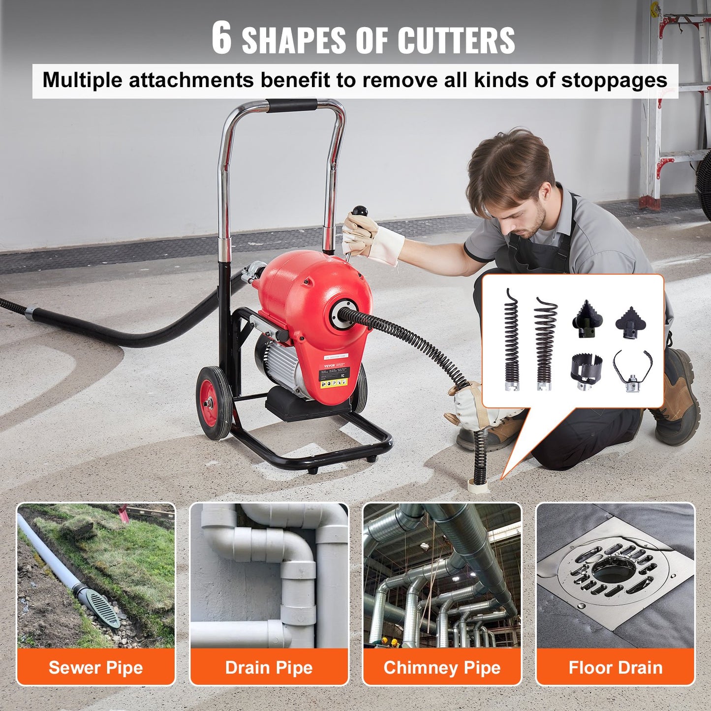 Drain Cleaner Machine 3657.6 cm x 1.52 cm 1100W Sectional Snake Auger Manual Feed
