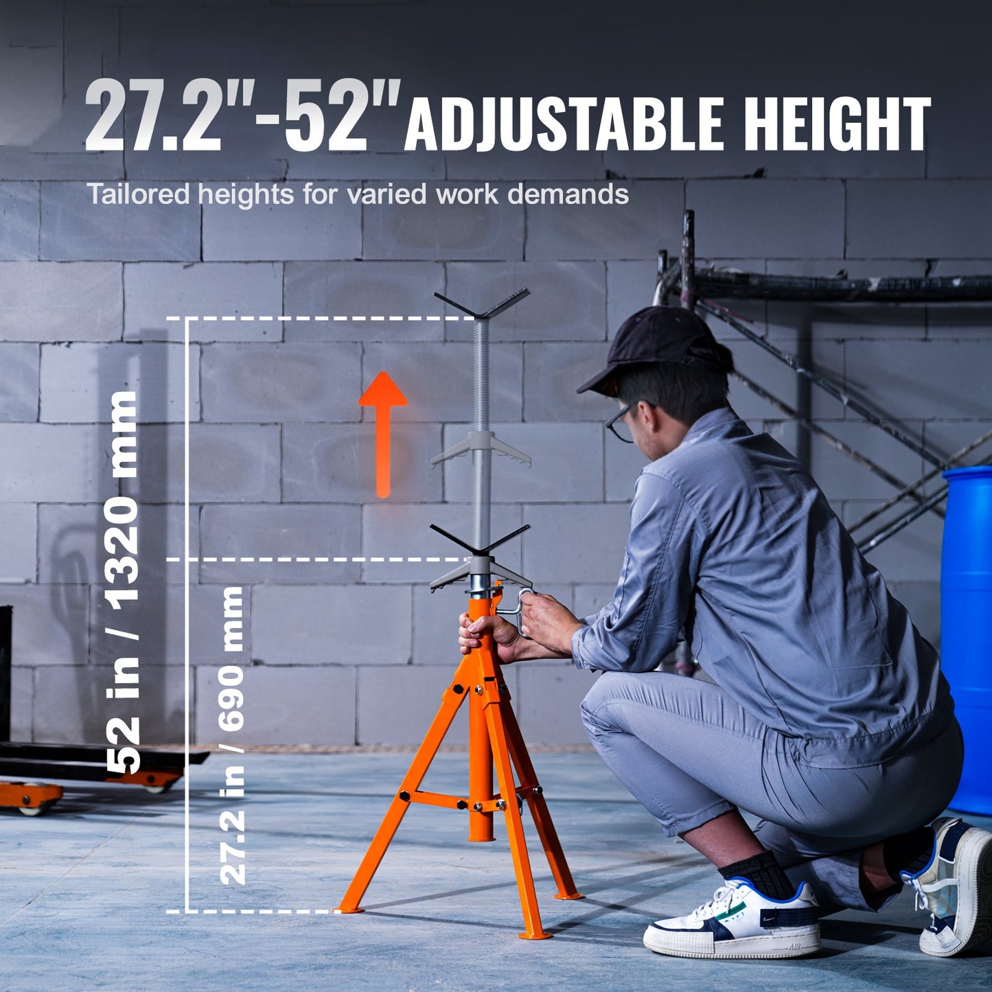 Pipe Stand, 1133.9 kg Heavy Duty Pipe Jack Stands, 69.1-132.1 cm Height Adjustable V Head Pipe Stand, 45# Steel Folding Jack Stand for 1.3-30.5 cm Pipes