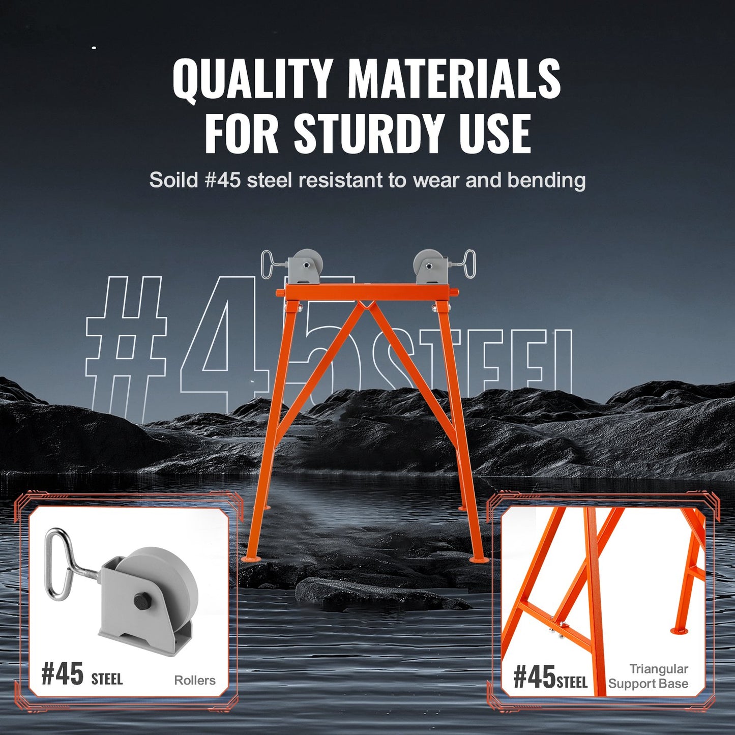 Pipe Stand with Roller Head 1134 kg Load for 5.1-91.4 cm Pipes 45# Steel