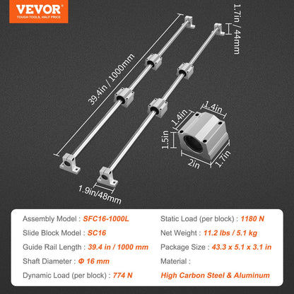 Linear Guide Rail Set, SFC16 1000mm, 2 PCS 39.4 in/1000 mm SFC16 Guide Rails 4 PCS SC16 Slide Blocks 4 PCS Rail Supports, Linear Rails and Bearings Kit for Automated Machines CNC DIY Project