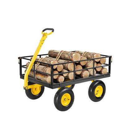 1200 lbs (ca. 544 kg) schwerer Gartenwagen aus Stahl, robuster, ziehbarer Gartenwagen, 2-in-1-Gartenwagen aus Metall mit 13-Zoll-Geländereifen, abnehmbaren Seitenwänden aus Netzgewebe und 180° drehbarem Griff