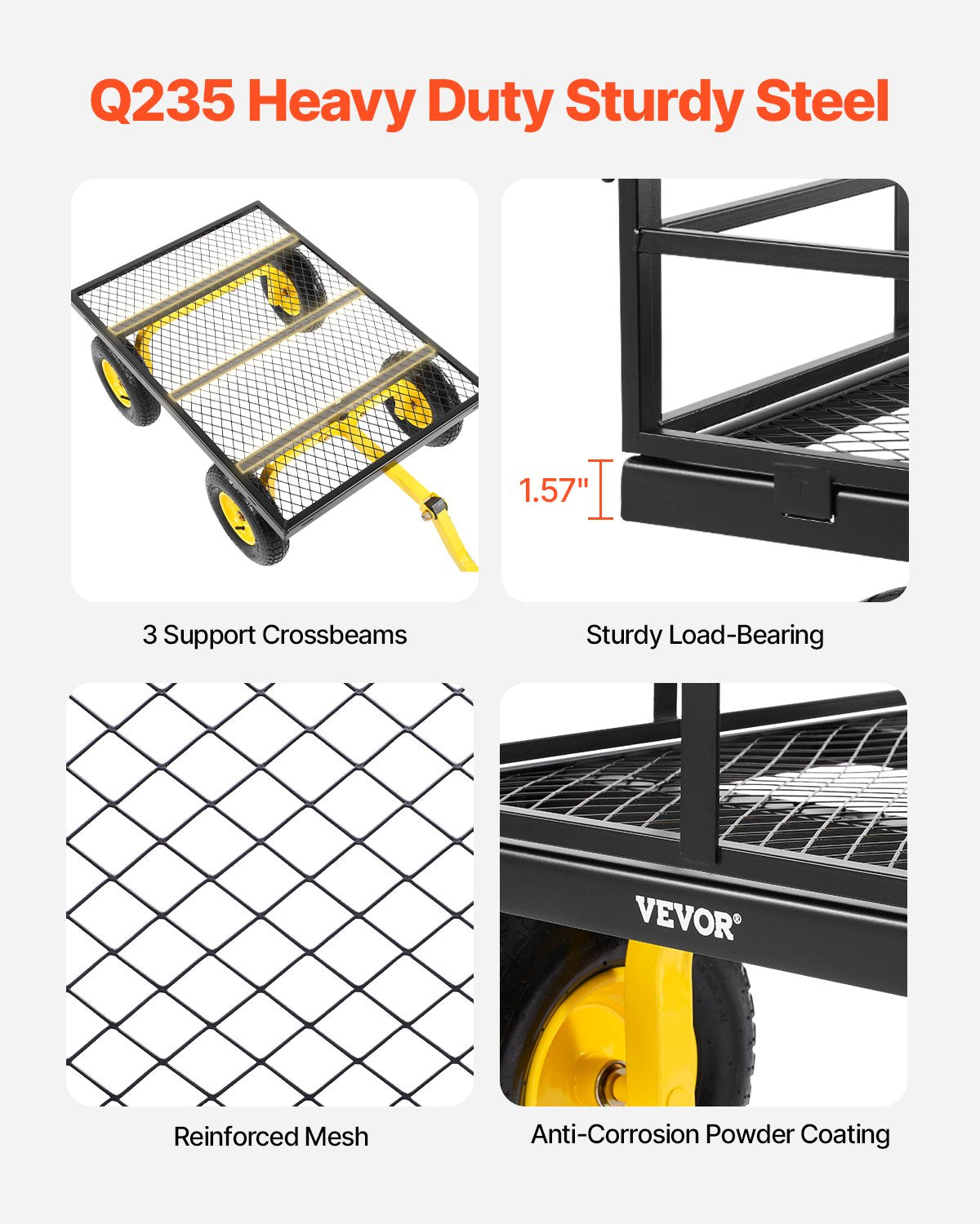 1200 lbs (ca. 544 kg) schwerer Gartenwagen aus Stahl, robuster, ziehbarer Gartenwagen, 2-in-1-Gartenwagen aus Metall mit 13-Zoll-Geländereifen, abnehmbaren Seitenwänden aus Netzgewebe und 180° drehbarem Griff