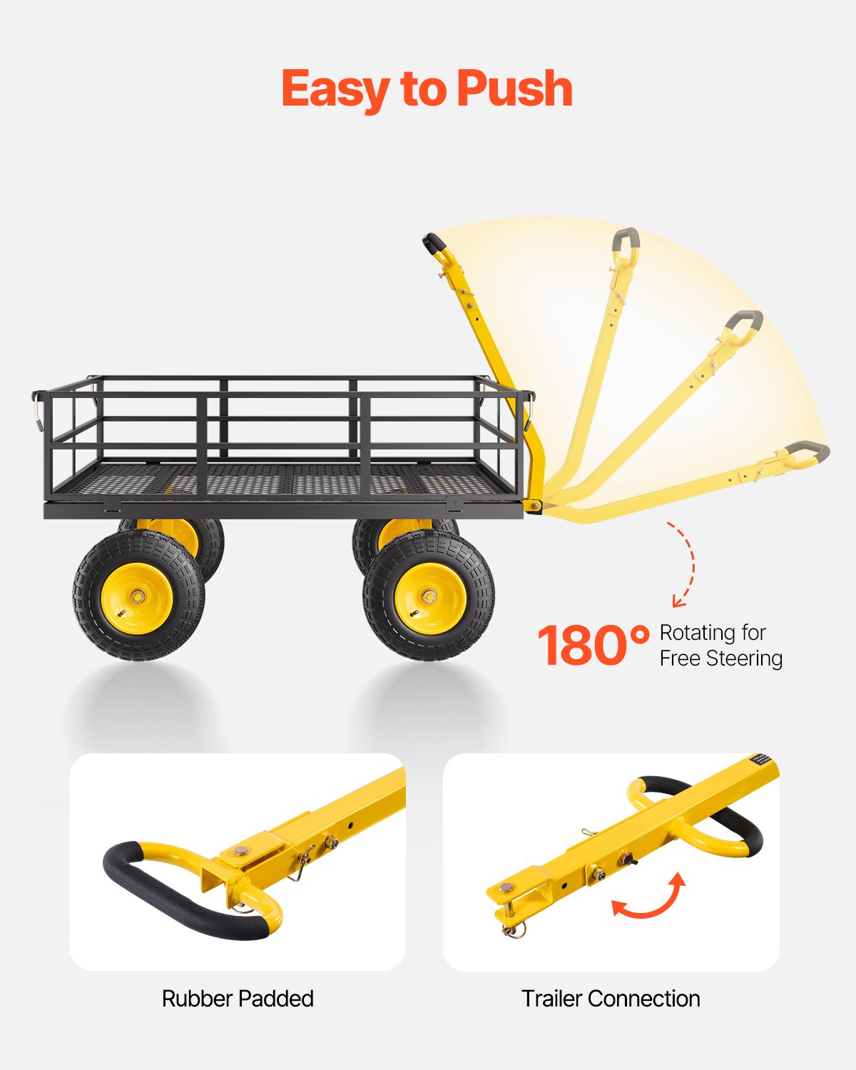 1200 lbs (ca. 544 kg) schwerer Gartenwagen aus Stahl, robuster, ziehbarer Gartenwagen, 2-in-1-Gartenwagen aus Metall mit 13-Zoll-Geländereifen, abnehmbaren Seitenwänden aus Netzgewebe und 180° drehbarem Griff