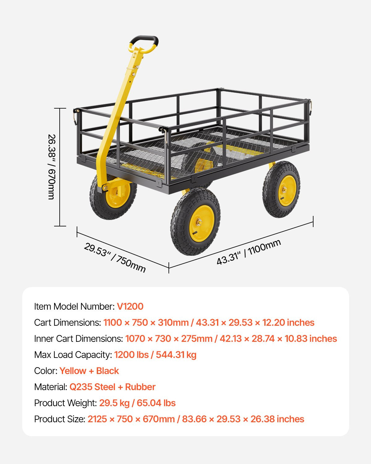1200 lbs (ca. 544 kg) schwerer Gartenwagen aus Stahl, robuster, ziehbarer Gartenwagen, 2-in-1-Gartenwagen aus Metall mit 13-Zoll-Geländereifen, abnehmbaren Seitenwänden aus Netzgewebe und 180° drehbarem Griff