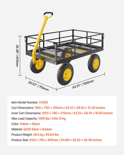 1200 lbs (ca. 544 kg) schwerer Gartenwagen aus Stahl, robuster, ziehbarer Gartenwagen, 2-in-1-Gartenwagen aus Metall mit 13-Zoll-Geländereifen, abnehmbaren Seitenwänden aus Netzgewebe und 180° drehbarem Griff