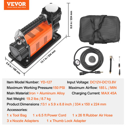 12V Portable Tire Inflator, 7.06CFM Heavy Duty Air Compressor, 150PSI Offroad Air Pump with Adapters for Car SUV RV Truck - Include 6.5FT Power Cord, 26FT Air Hose with Pressure Gauge, Carry Bag