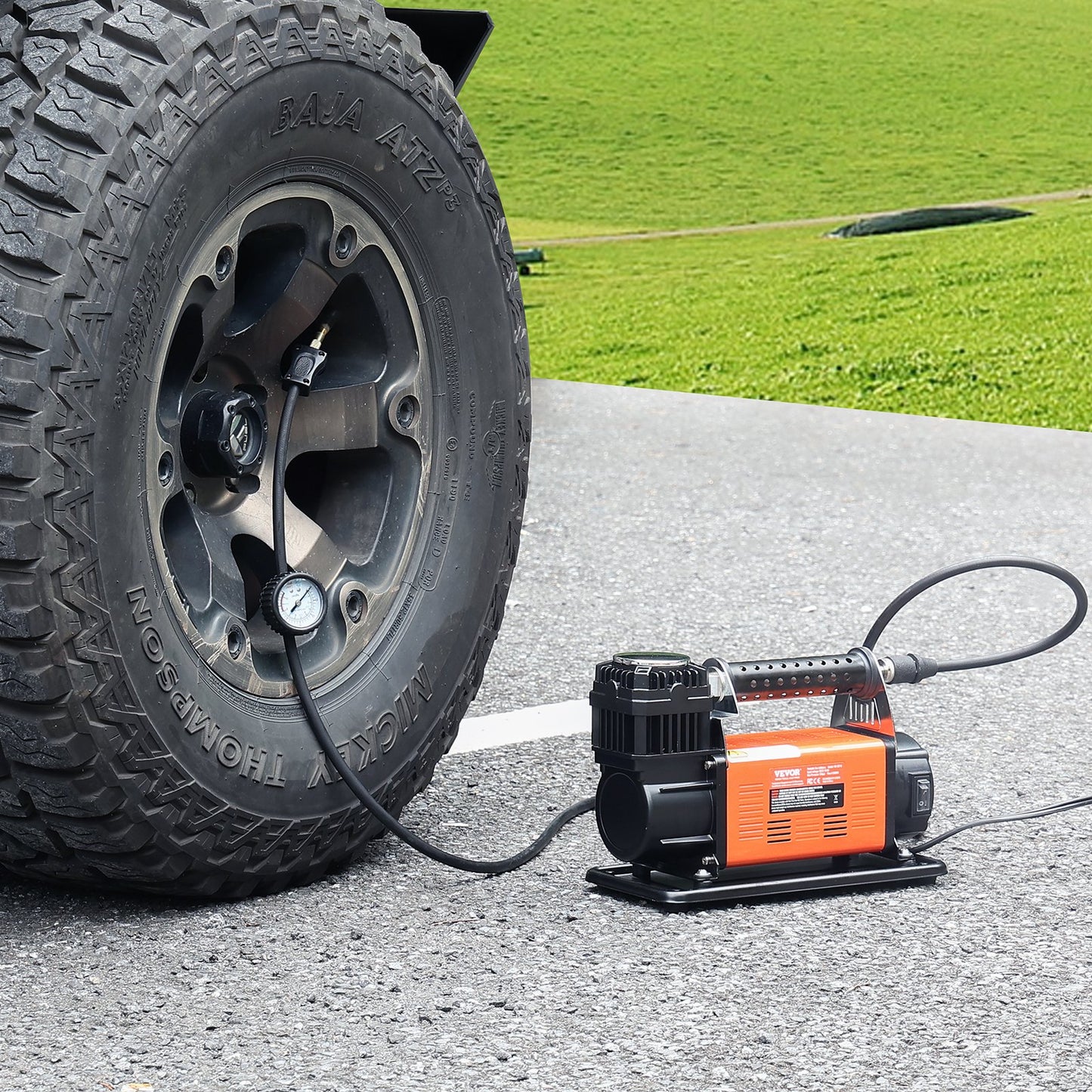 12V Portable Tire Inflator, 7.06CFM Heavy Duty Air Compressor, 150PSI Offroad Air Pump with Adapters for Car SUV RV Truck - Include 6.5FT Power Cord, 26FT Air Hose with Pressure Gauge, Carry Bag