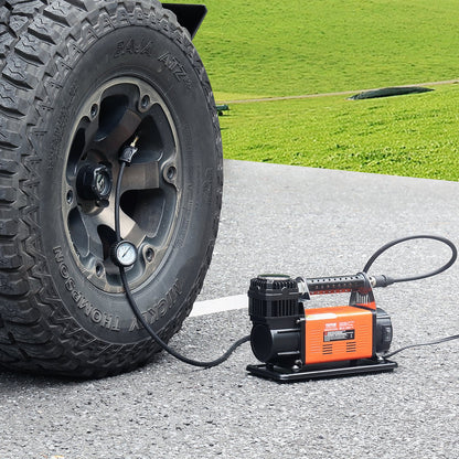 12V Portable Tire Inflator, 7.06CFM Heavy Duty Air Compressor, 150PSI Offroad Air Pump with Adapters for Car SUV RV Truck - Include 6.5FT Power Cord, 26FT Air Hose with Pressure Gauge, Carry Bag