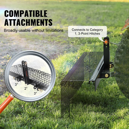 Tow Behind Landscape Rake, 60" Tow Dethatcher with 21 Steel Coil Tines, Lawn Dethatcher Rake Attaches to 48" or 60" Toolbars and 3-point Suspension Systems, for Leaves, Pine Needles, and Grass