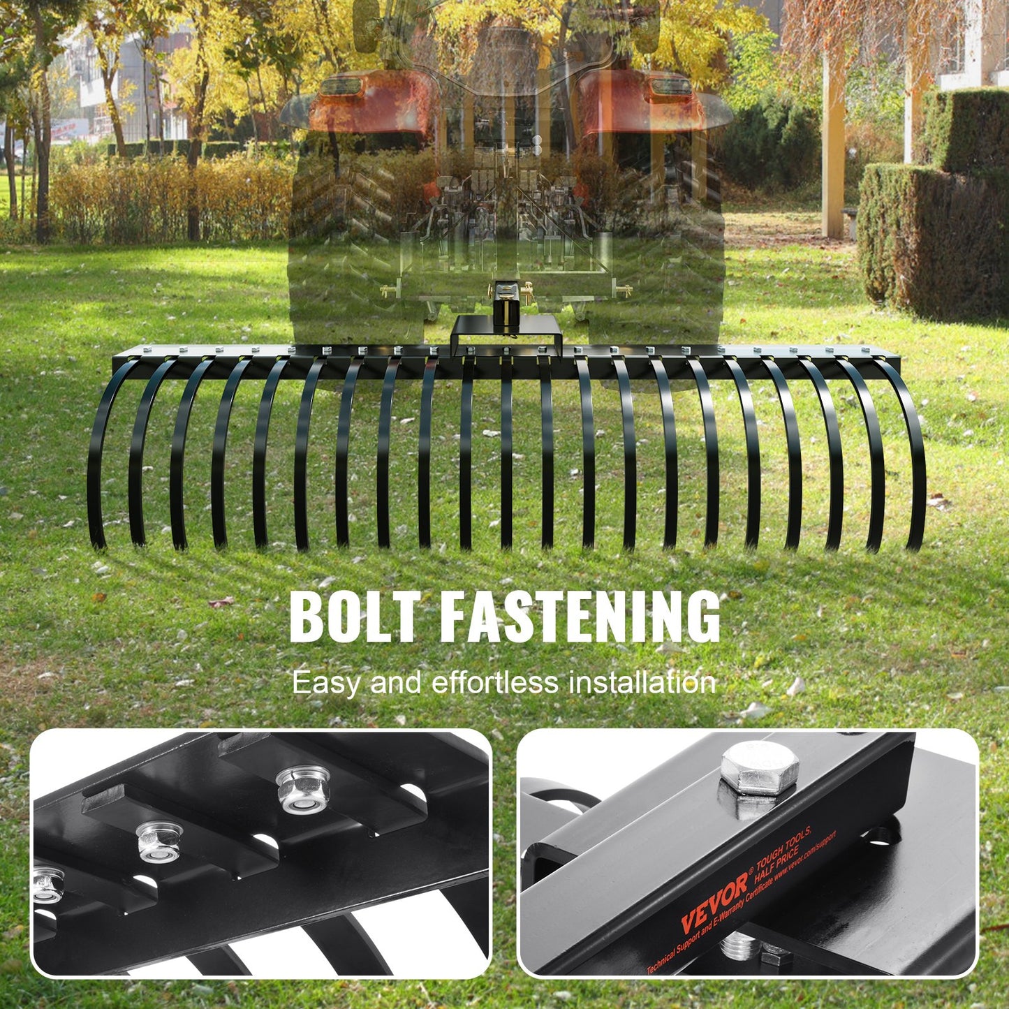 Tow Behind Landscape Rake, 60" Tow Dethatcher with 21 Steel Coil Tines, Lawn Dethatcher Rake Attaches to 48" or 60" Toolbars and 3-point Suspension Systems, for Leaves, Pine Needles, and Grass