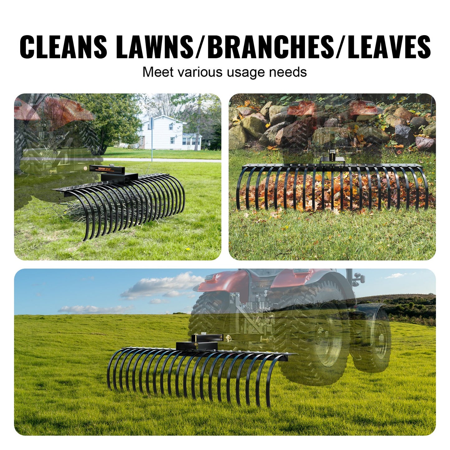 Tow Behind Landscape Rake, 60" Tow Dethatcher with 21 Steel Coil Tines, Lawn Dethatcher Rake Attaches to 48" or 60" Toolbars and 3-point Suspension Systems, for Leaves, Pine Needles, and Grass