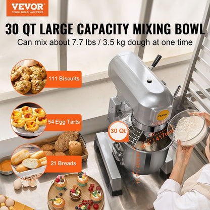 Commercial Food Mixer, 28.5L Commercial Stand Mixer with 3 Adjustable Speeds, 1100W Dough Mixer with Stainless Steel Bowl and 3 Mixing Attachments, Ideal for Restaurant, Bakery, Pastry shop, Caf