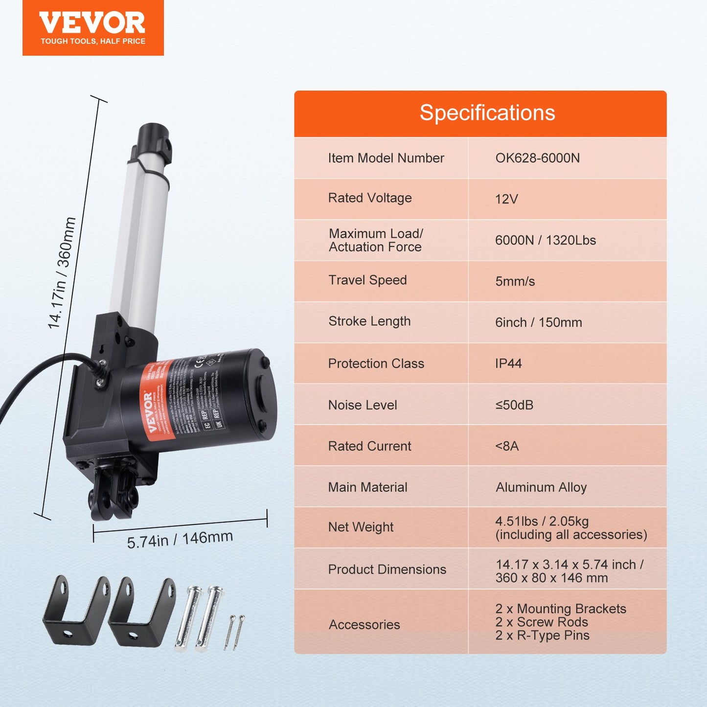 Linear Actuator 12V 15.2 cm Heavy Duty 598.8 kg/6000N 0.5 cm/s IP44 Protection
