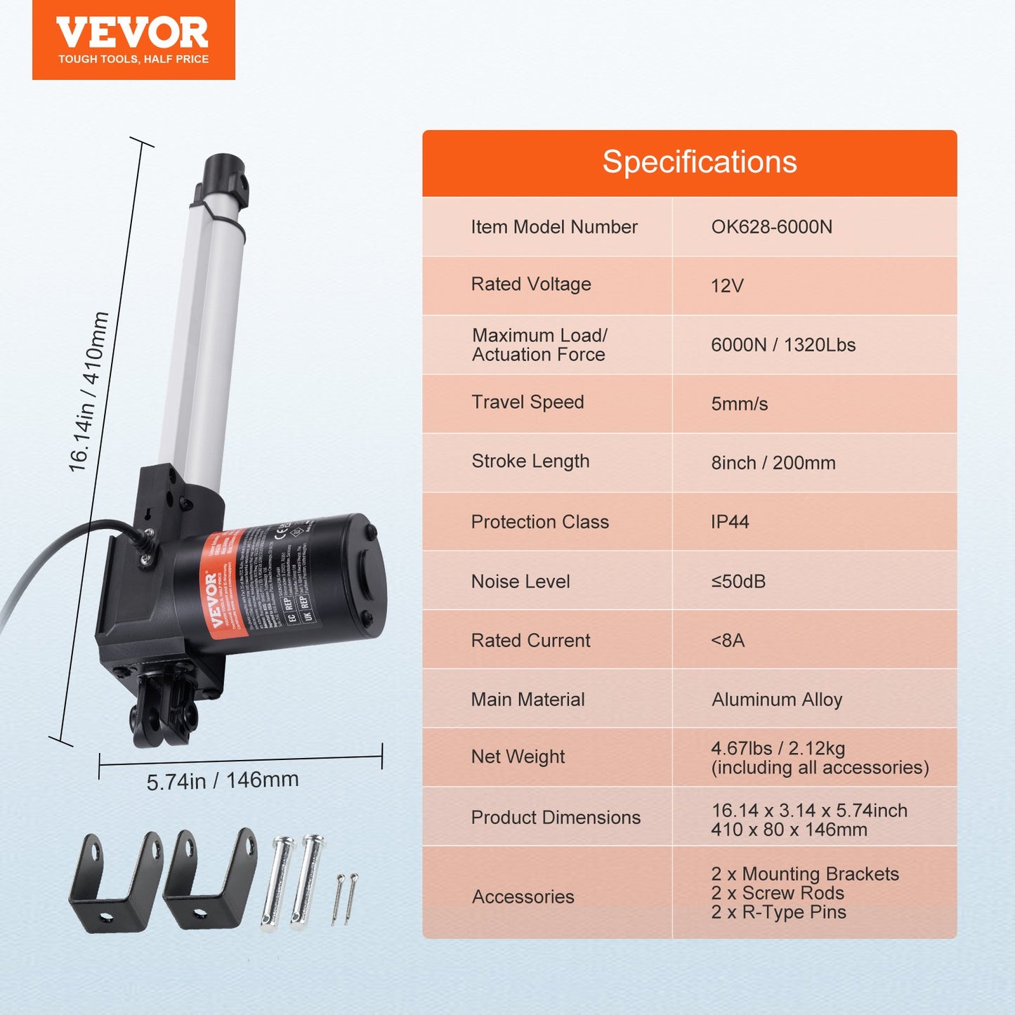 Linear Actuator 12V 20.3 cm Heavy Duty 598.8 kg/6000N 0.5 cm/s IP44 Protection