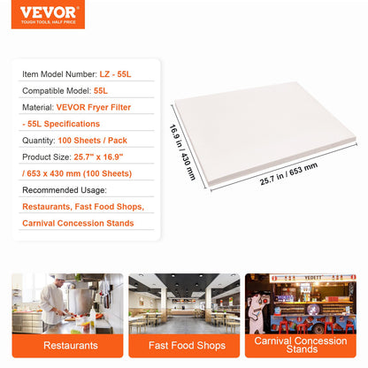 Fryer Filter Paper, 100 Sheets, 25.7" x 16.9", Replacement Deep Fryer Filter Sheets for 55L Commercial Mobile Fryer Filter Machine, for Restaurant, Fast Food Shop, Carnival Concession Stand