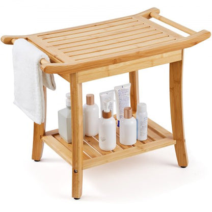 Bamboo Shower Bench, 24 x 13.8 x 18.9 in, Waterproof Shower Stool Chair with Storage Shelf Handle, 300 lbs Load Capacity Spa Bath Seat Organizer, for Adults Seniors Women Elderly Indoor Outdoor