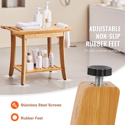 Bamboo Shower Bench, 24 x 13.8 x 18.9 in, Waterproof Shower Stool Chair with Storage Shelf Handle, 300 lbs Load Capacity Spa Bath Seat Organizer, for Adults Seniors Women Elderly Indoor Outdoor