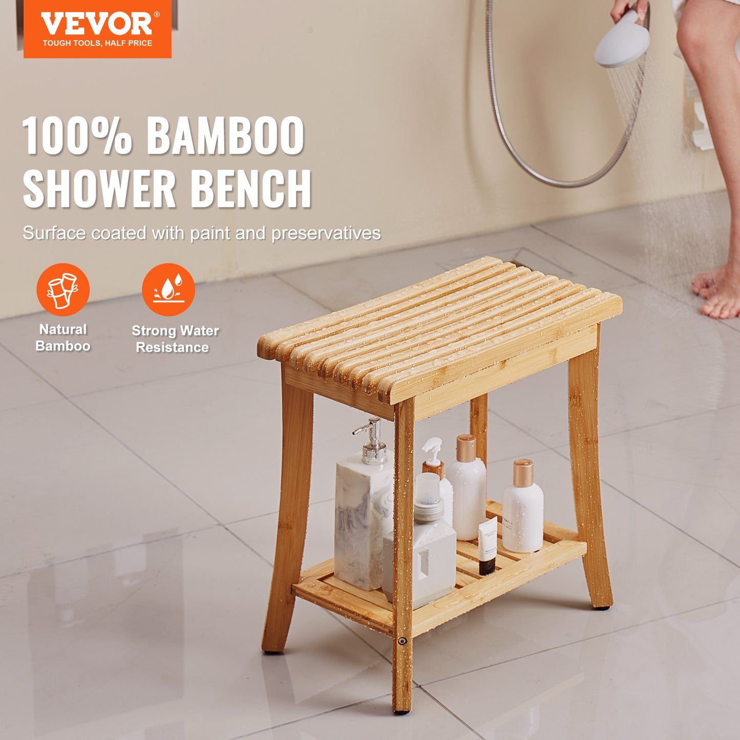 Bamboo Shower Bench 48.5 x 28.7 x 46.5 cm Shower Stool Chair for Bathroom
