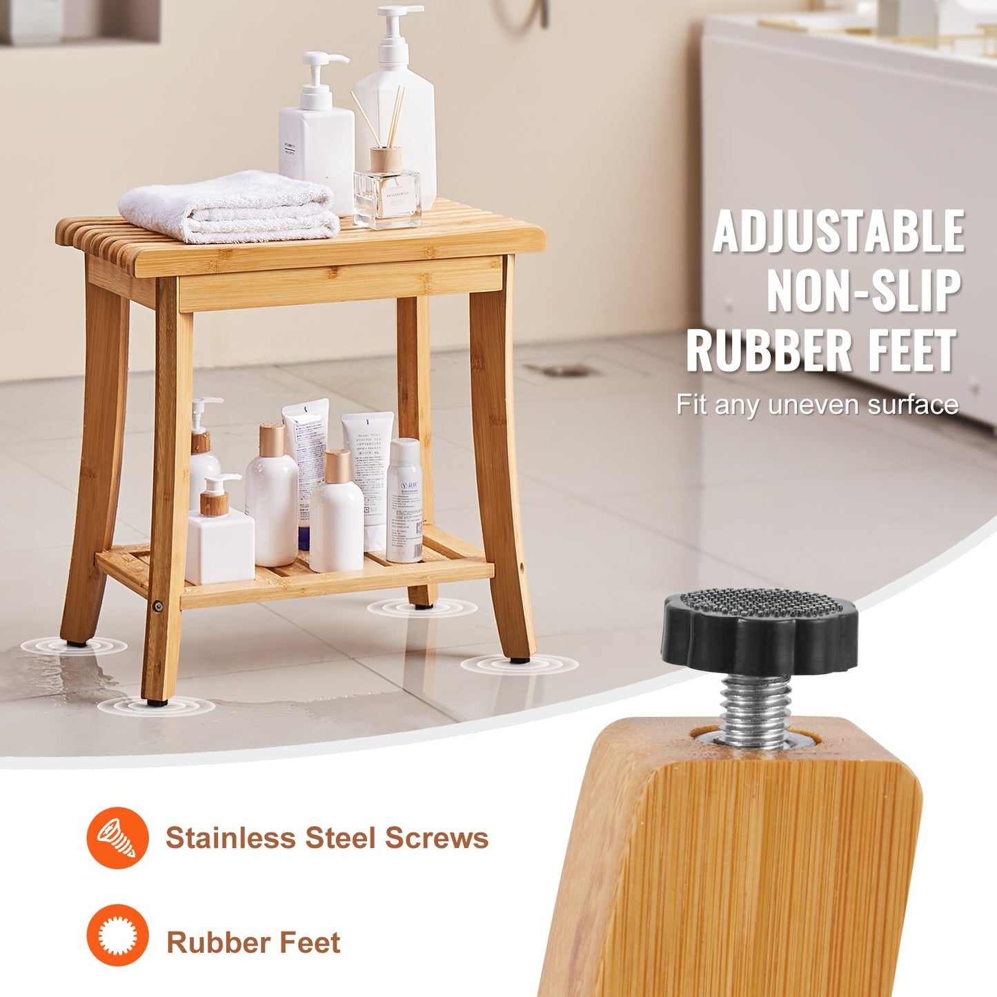 Bamboo Shower Bench 48.5 x 28.7 x 46.5 cm Shower Stool Chair for Bathroom