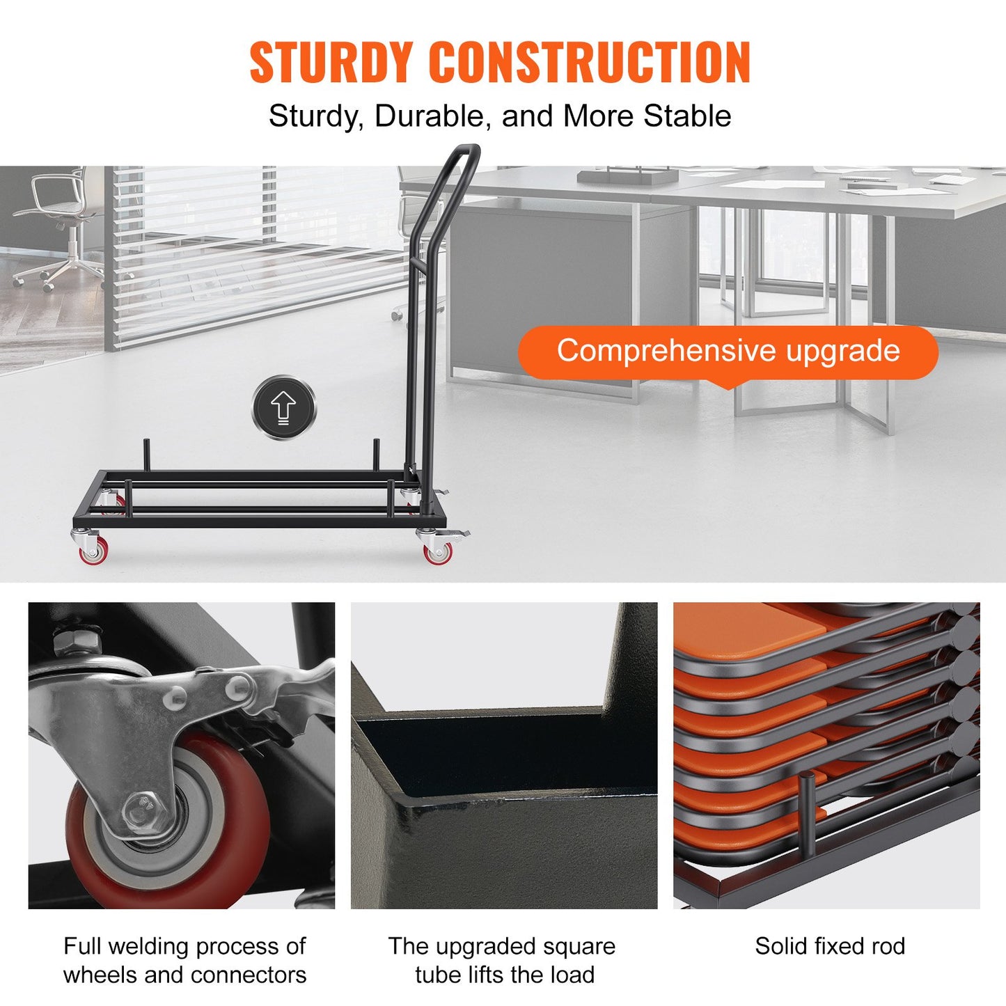 Folding Chair Dolly, Iron Commercial Cart with 12 Chairs Capacity, Folding Chairs Rack Trolley with 4 Casters, Storage Transport Dolly for Flat Stacking Plastic Resin and Wood Chairs, Black