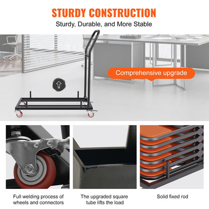 Folding Chair Dolly, Iron Commercial Cart with 12 Chairs Capacity, Folding Chairs Rack Trolley with 4 Casters, Storage Transport Dolly for Flat Stacking Plastic Resin and Wood Chairs, Black