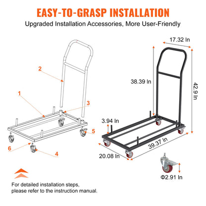 Folding Chair Dolly, Iron Commercial Cart with 12 Chairs Capacity, Folding Chairs Rack Trolley with 4 Casters, Storage Transport Dolly for Flat Stacking Plastic Resin and Wood Chairs, Black