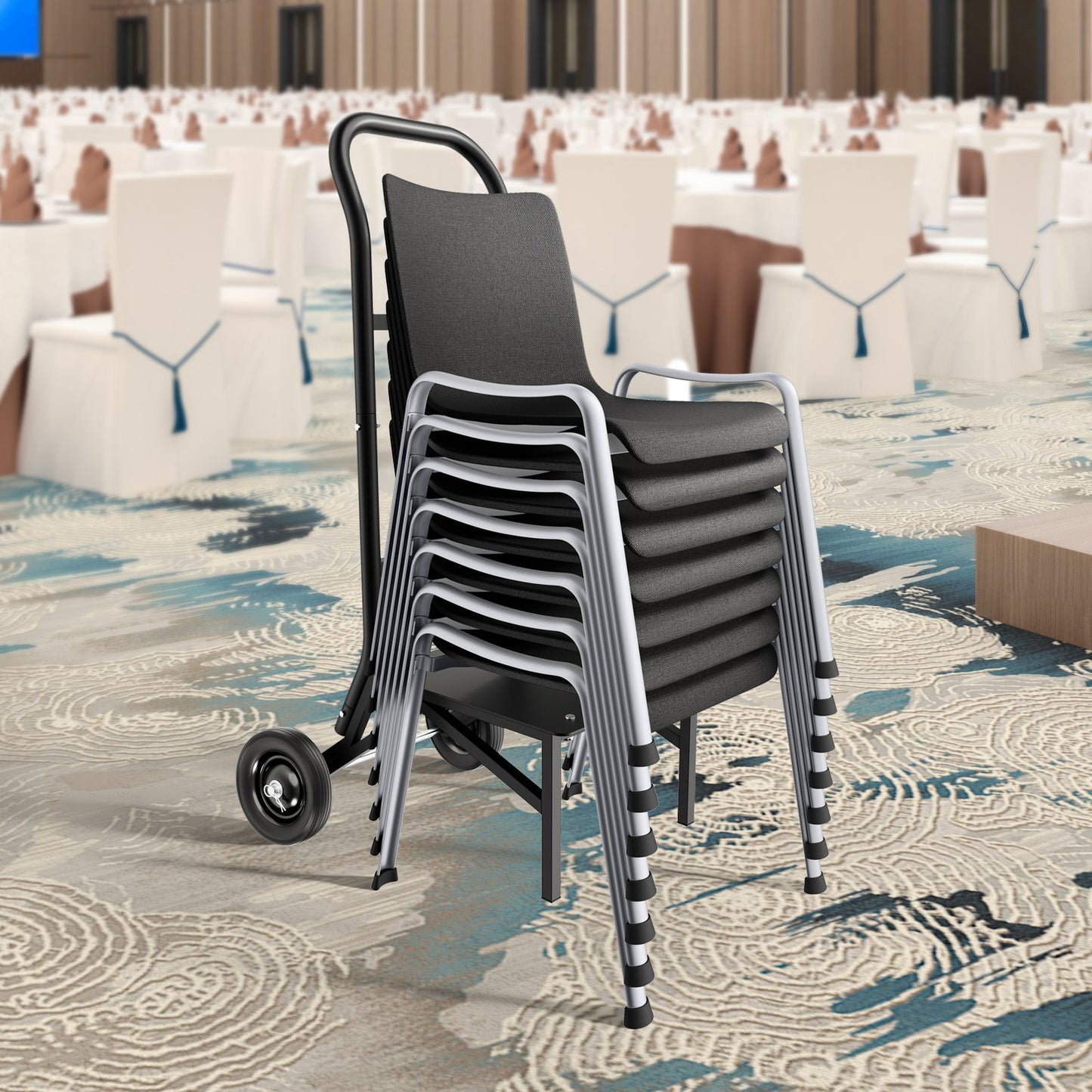 Folding Chair Rack, 150 LBS Capacity, Heavy-duty Chair Cart for Stacking 10 Chairs, Multi-Function Metal Chair Storage Dolly with Rubber Wheels, Push-Style Chair Holder, Matte Black