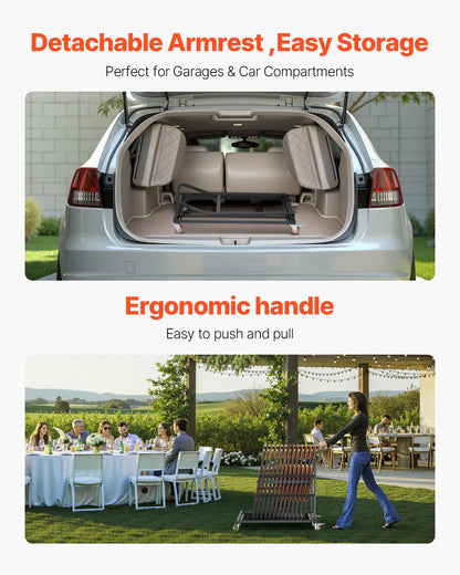 Klappbarer Stuhlwagen, Tragkraft 136 kg, L-förmig, vertikal, für 25 Stühle, robuster Stuhlwagen aus Metall mit Gummirädern, multifunktionaler Stuhlhalter, mattschwarz