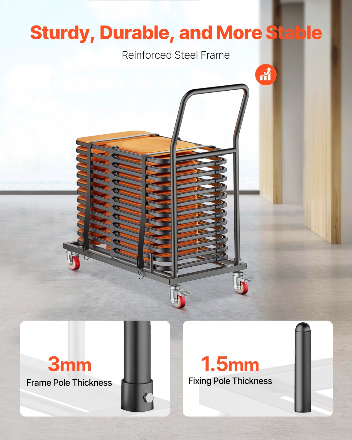 Folding Chair Rack, 300 LBS Capacity, L-shape Horizontal Placement Chair Cart for 25 Chairs, Heavy-duty Metal Chair Storage Dolly with Rubber Wheels and Holders, Large Chair Holder, Matte Black