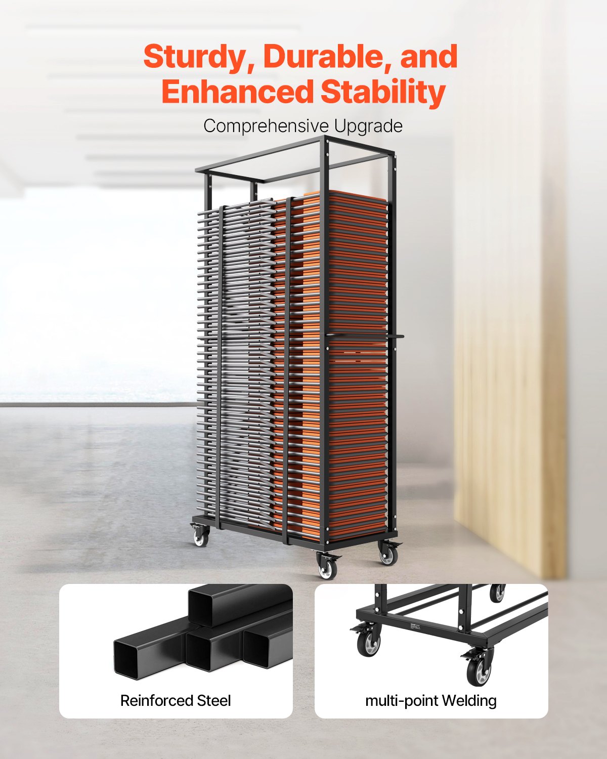 Klappbarer Stuhlwagen, Tragkraft 227 kg, robuster Stuhlwagen für 60 Stühle, Stuhltransportwagen aus Metall mit Schwenk- und Feststellrollen, für Partys, Veranstaltungen und Hotels, matt schwarz